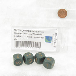 WCXXQ0315E4 Dusty Green Opaque Dice Gold Numbers D3 (D6 1-3 Twice) 16mm Pack of 4 (ONLINE ORDER ONLY)
