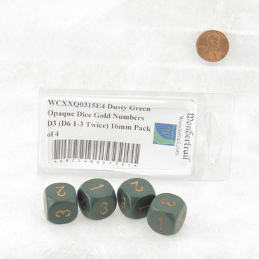 WCXXQ0315E4 Dusty Green Opaque Dice Gold Numbers D3 (D6 1-3 Twice) 16mm Pack of 4 (ONLINE ORDER ONLY)