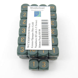 WCXXQ0315E50 Dusty Green Opaque Dice Gold Numbers D3 (d6 1-3 Twice) 16mm Pack Of 50 (ONLINE ORDER ONLY)