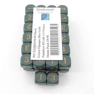 WCXXQ0315E50 Dusty Green Opaque Dice Gold Numbers D3 (d6 1-3 Twice) 16mm Pack Of 50 (ONLINE ORDER ONLY)