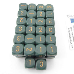 WCXXQ0315E50 Dusty Green Opaque Dice Gold Numbers D3 (d6 1-3 Twice) 16mm Pack Of 50 (ONLINE ORDER ONLY)