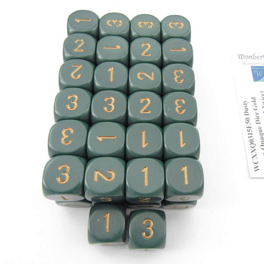 WCXXQ0315E50 Dusty Green Opaque Dice Gold Numbers D3 (d6 1-3 Twice) 16mm Pack Of 50 (ONLINE ORDER ONLY)