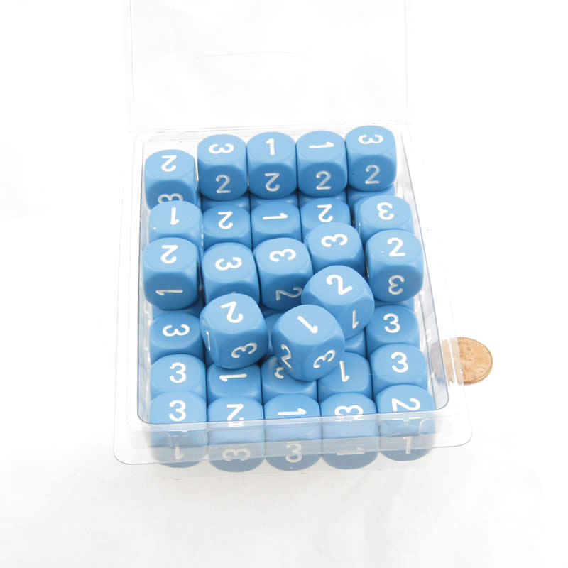 WCXXQ0316B1 Light Blue Opaque Dice White Numbers D3 (D6 1-3 Twice) 16mm Pack of 100 (ONLINE ORDER ONLY)