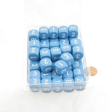 WCXXQ0316B1 Light Blue Opaque Dice White Numbers D3 (D6 1-3 Twice) 16mm Pack of 100 (ONLINE ORDER ONLY)