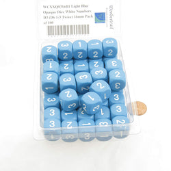 WCXXQ0316B1 Light Blue Opaque Dice White Numbers D3 (D6 1-3 Twice) 16mm Pack of 100 (ONLINE ORDER ONLY)