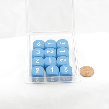 WCXXQ0316E12 Light Blue Opaque Dice White Numbers D3 (D6 1-3 Twice) 16mm Pack of 12 (ONLINE ORDER ONLY)