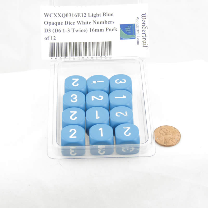 WCXXQ0316E12 Light Blue Opaque Dice White Numbers D3 (D6 1-3 Twice) 16mm Pack of 12 (ONLINE ORDER ONLY)