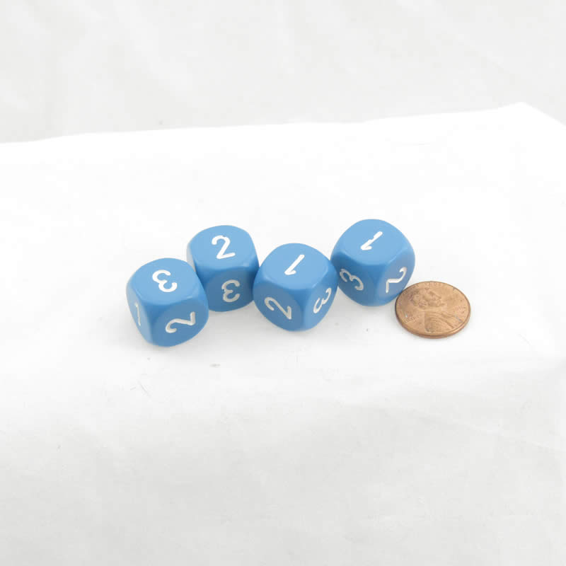 WCXXQ0316E4 Light Blue Opaque Dice White Numbers D3 (D6 1-3 Twice) 16mm Pack of 4 (ONLINE ORDER ONLY)