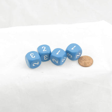 WCXXQ0316E4 Light Blue Opaque Dice White Numbers D3 (D6 1-3 Twice) 16mm Pack of 4 (ONLINE ORDER ONLY)