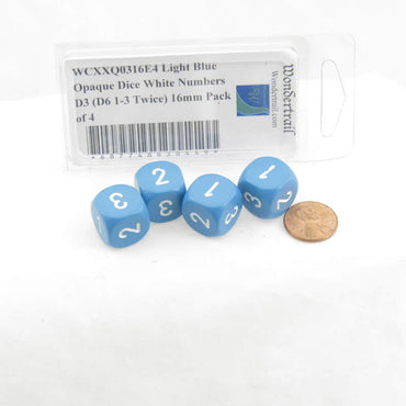 WCXXQ0316E4 Light Blue Opaque Dice White Numbers D3 (D6 1-3 Twice) 16mm Pack of 4 (ONLINE ORDER ONLY)