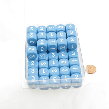 WCXXQ0316E50 Light Blue Opaque Dice White Numbers D3 (D6 1-3 Twice) 16mm (5/8in) Pack of 50 (ONLINE ORDER ONLY)