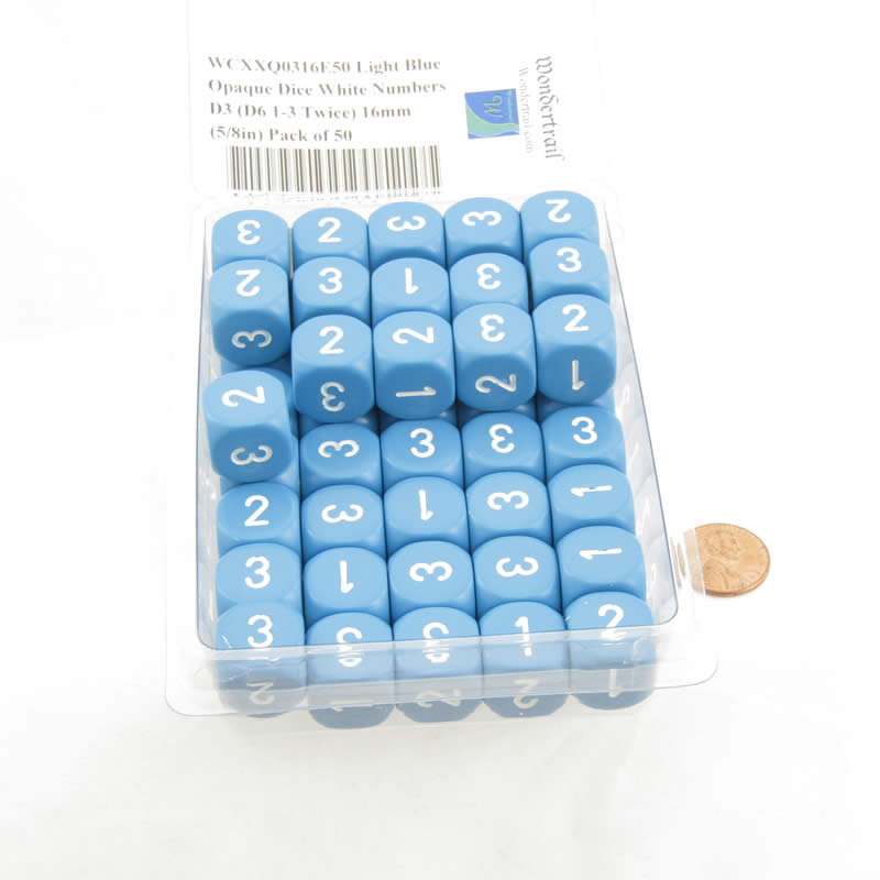 WCXXQ0316E50 Light Blue Opaque Dice White Numbers D3 (D6 1-3 Twice) 16mm (5/8in) Pack of 50 (ONLINE ORDER ONLY)