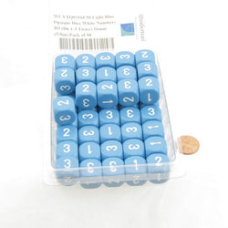 WCXXQ0316E50 Light Blue Opaque Dice White Numbers D3 (D6 1-3 Twice) 16mm (5/8in) Pack of 50 (ONLINE ORDER ONLY)
