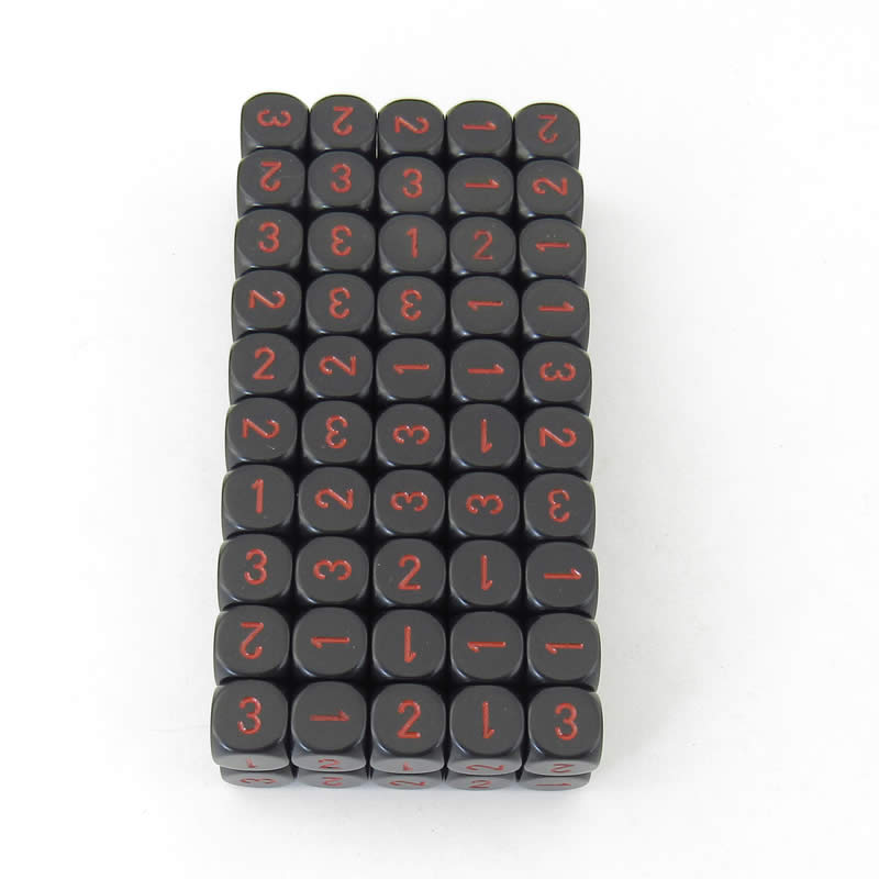 WCXXQ0318B1 Black Opaque Dice Red Numbers D3 (d6 1-3 Twice) 16mm Pack of 100 (ONLINE ORDER ONLY)