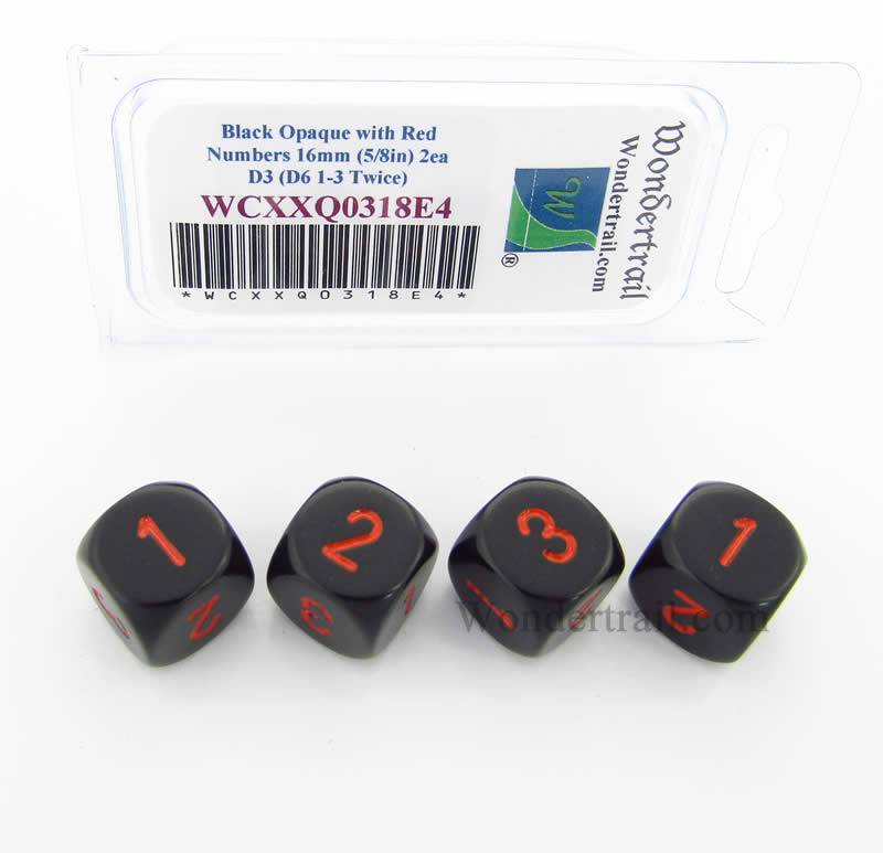WCXXQ0318E4 Black Opaque Dice Red Numbers D3 (D6 1-3 Twice) 16mm Pack of 4 (ONLINE ORDER ONLY)