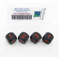 WCXXQ0318E4 Black Opaque Dice Red Numbers D3 (D6 1-3 Twice) 16mm Pack of 4 (ONLINE ORDER ONLY)