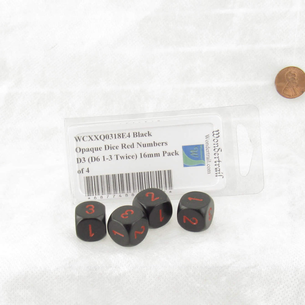 WCXXQ0318E4 Black Opaque Dice Red Numbers D3 (D6 1-3 Twice) 16mm Pack of 4 (ONLINE ORDER ONLY)