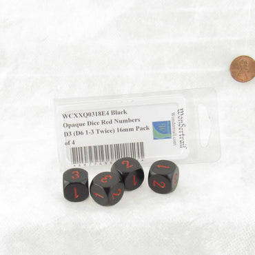 WCXXQ0318E4 Black Opaque Dice Red Numbers D3 (D6 1-3 Twice) 16mm Pack of 4 (ONLINE ORDER ONLY)
