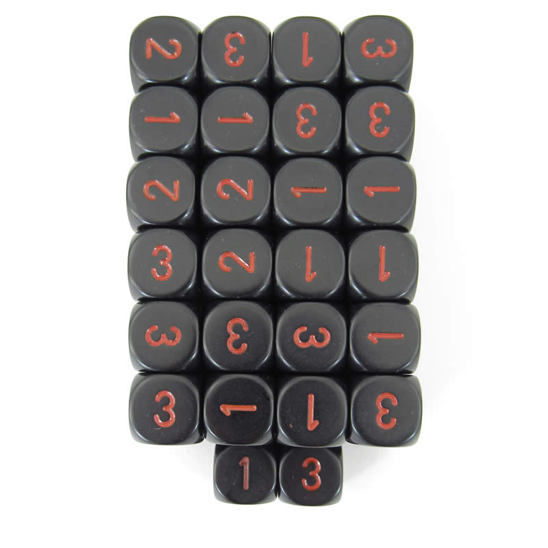 WCXXQ0318E50 Black Opaque Dice Red Numbers D3 (d6 1-3 Twice) 16mm Pack Of 50 (ONLINE ORDER ONLY)