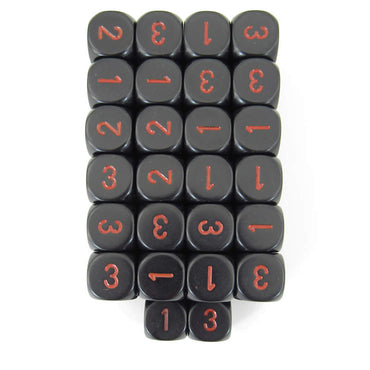 WCXXQ0318E50 Black Opaque Dice Red Numbers D3 (d6 1-3 Twice) 16mm Pack Of 50 (ONLINE ORDER ONLY)