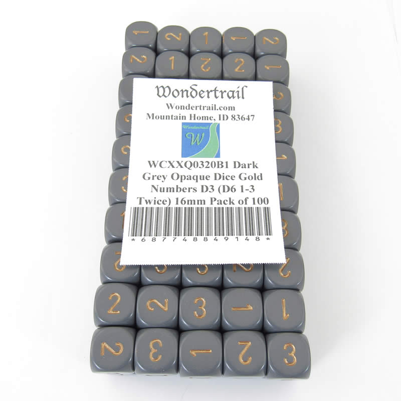 WCXXQ0320B1 Dark Grey Opaque Dice Gold Numbers D3 (D6 1-3 Twice) 16mm Pack of 100 (ONLINE ORDER ONLY)