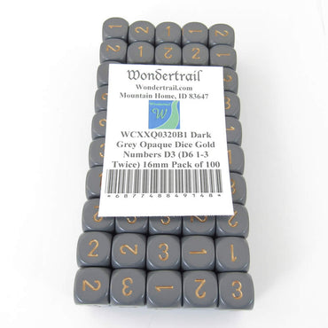 WCXXQ0320B1 Dark Grey Opaque Dice Gold Numbers D3 (D6 1-3 Twice) 16mm Pack of 100 (ONLINE ORDER ONLY)