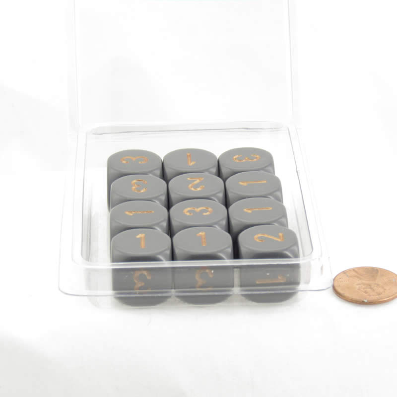WCXXQ0320E12 Dark Grey Opaque Dice Gold Numbers D3 (D6 1-3 Twice) 16mm Pack of 12 (ONLINE ORDER ONLY)
