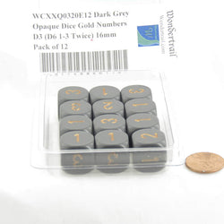 WCXXQ0320E12 Dark Grey Opaque Dice Gold Numbers D3 (D6 1-3 Twice) 16mm Pack of 12 (ONLINE ORDER ONLY)