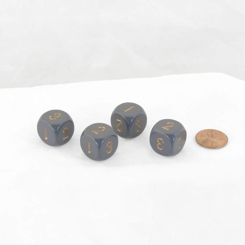 WCXXQ0320E4 Dark Grey Opaque Dice Gold Numbers D3 (D6 1-3 Twice) 16mm Pack of 4 (ONLINE ORDER ONLY)