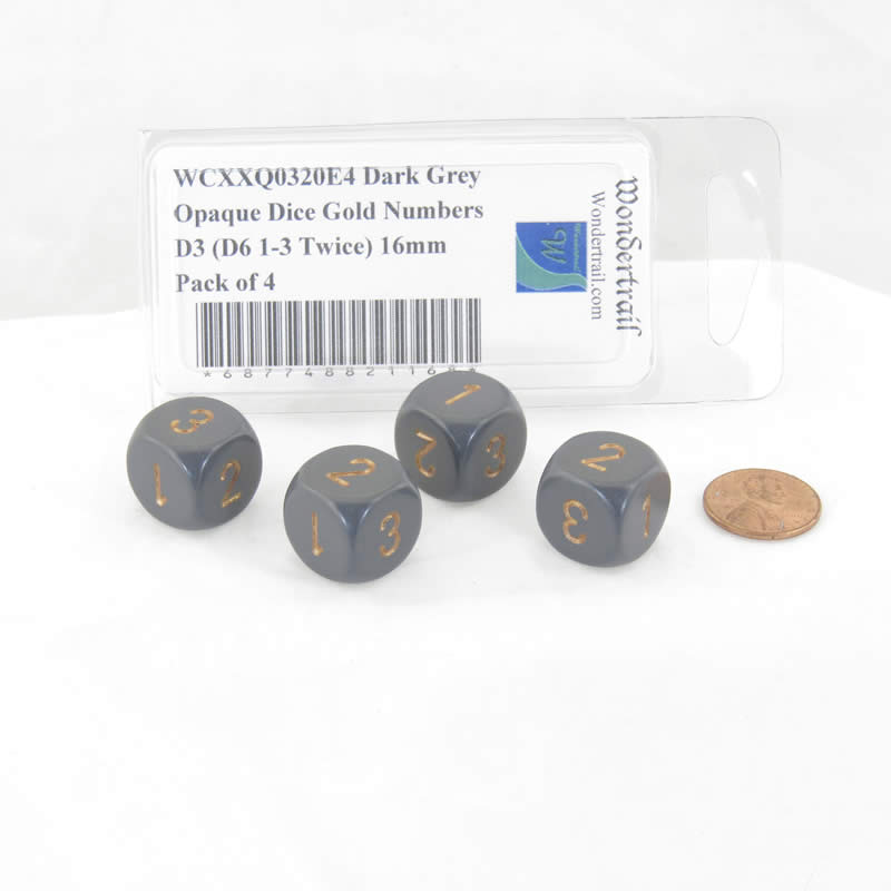 WCXXQ0320E4 Dark Grey Opaque Dice Gold Numbers D3 (D6 1-3 Twice) 16mm Pack of 4 (ONLINE ORDER ONLY)