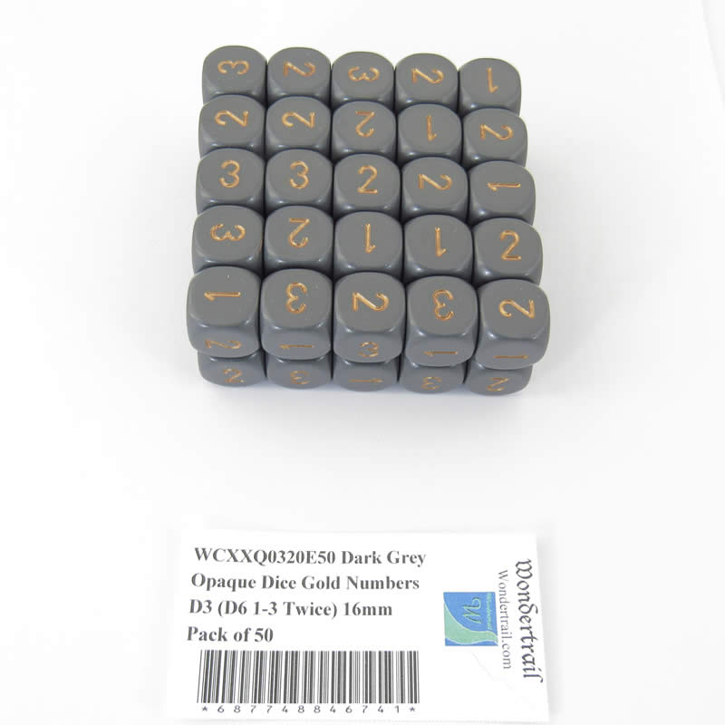WCXXQ0320E50 Dark Grey Opaque Dice Gold Numbers D3 (D6 1-3 Twice) 16mm Pack of 50 (ONLINE ORDER ONLY)