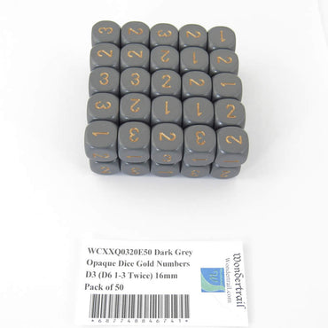 WCXXQ0320E50 Dark Grey Opaque Dice Gold Numbers D3 (D6 1-3 Twice) 16mm Pack of 50 (ONLINE ORDER ONLY)