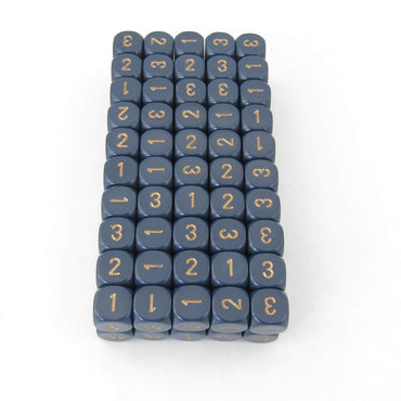 WCXXQ0326B1 Dusty Blue Dice Gold Numbers D3 (d6 1-3 Twice) 16mm Pack Of 100 (ONLINE ORDER ONLY)
