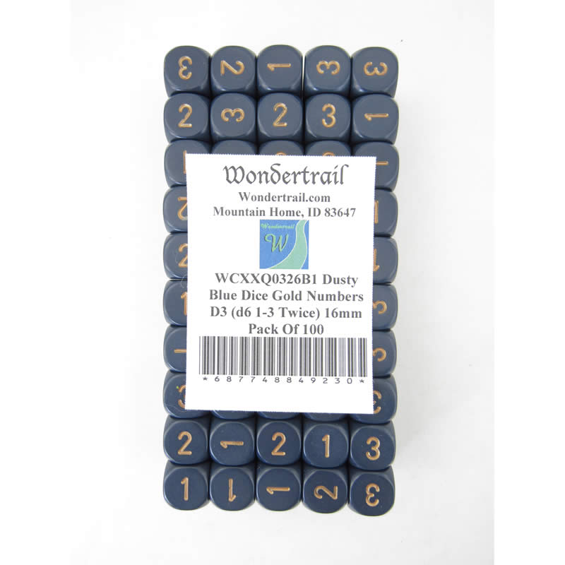 WCXXQ0326B1 Dusty Blue Dice Gold Numbers D3 (d6 1-3 Twice) 16mm Pack Of 100 (ONLINE ORDER ONLY)