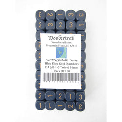 WCXXQ0326B1 Dusty Blue Dice Gold Numbers D3 (d6 1-3 Twice) 16mm Pack Of 100 (ONLINE ORDER ONLY)