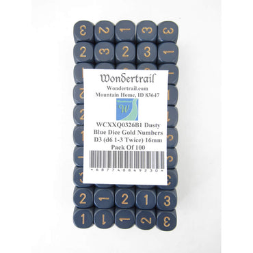 WCXXQ0326B1 Dusty Blue Dice Gold Numbers D3 (d6 1-3 Twice) 16mm Pack Of 100 (ONLINE ORDER ONLY)