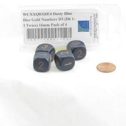 WCXXQ0326E4 Dusty Blue Dice Gold Numbers D3 (D6 1-3 Twice) 16mm Pack of 4 (ONLINE ORDER ONLY)