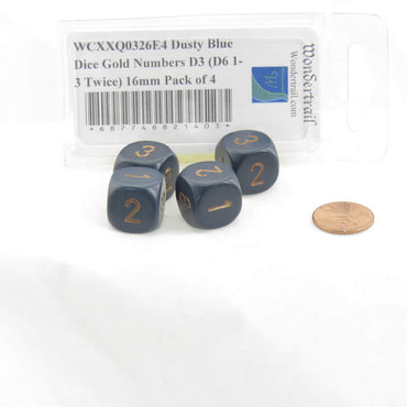 WCXXQ0326E4 Dusty Blue Dice Gold Numbers D3 (D6 1-3 Twice) 16mm Pack of 4 (ONLINE ORDER ONLY)