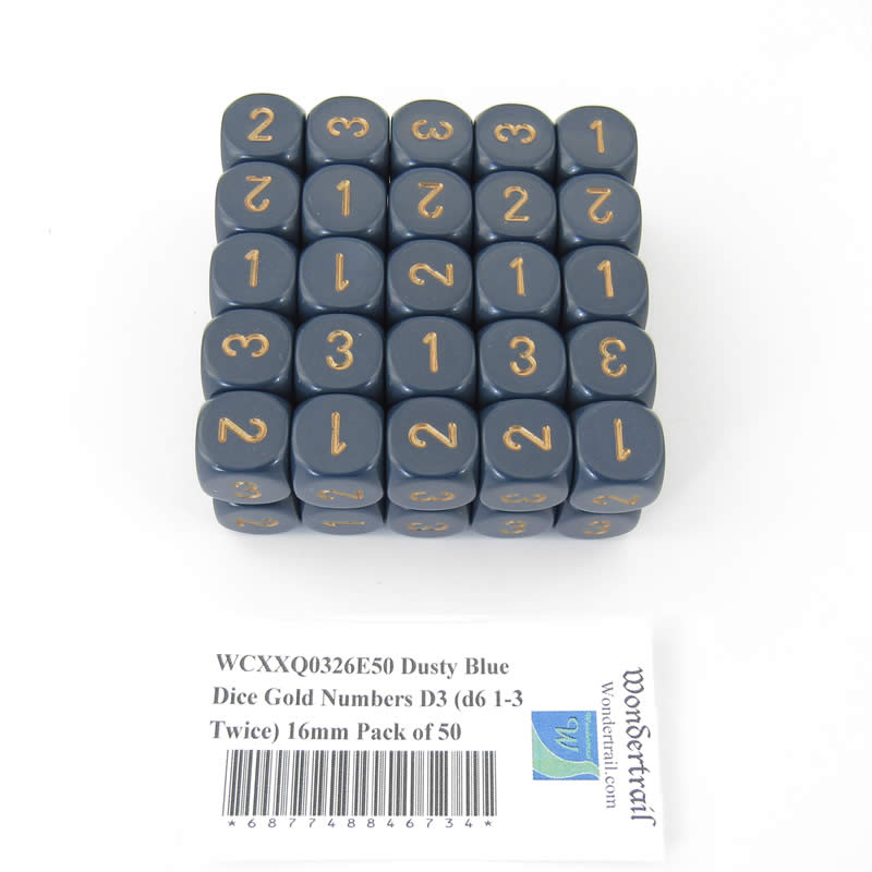 WCXXQ0326E50 Dusty Blue Dice Gold Numbers D3 (d6 1-3 Twice) 16mm Pack of 50 (ONLINE ORDER ONLY)