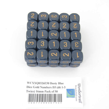 WCXXQ0326E50 Dusty Blue Dice Gold Numbers D3 (d6 1-3 Twice) 16mm Pack of 50 (ONLINE ORDER ONLY)