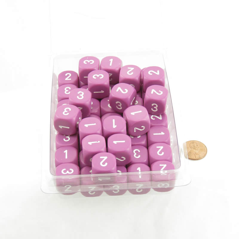 WCXXQ0327B1 Light Purple Opaque Dice White Numbers D3 (d6 1-3 Twice) 16mm (5/8in) Pack Of 100 (ONLINE ORDER ONLY)