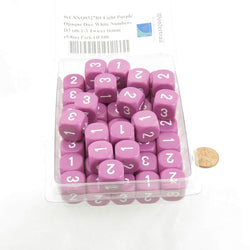 WCXXQ0327B1 Light Purple Opaque Dice White Numbers D3 (d6 1-3 Twice) 16mm (5/8in) Pack Of 100 (ONLINE ORDER ONLY)
