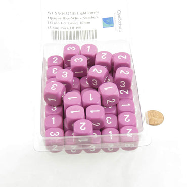WCXXQ0327B1 Light Purple Opaque Dice White Numbers D3 (d6 1-3 Twice) 16mm (5/8in) Pack Of 100 (ONLINE ORDER ONLY)