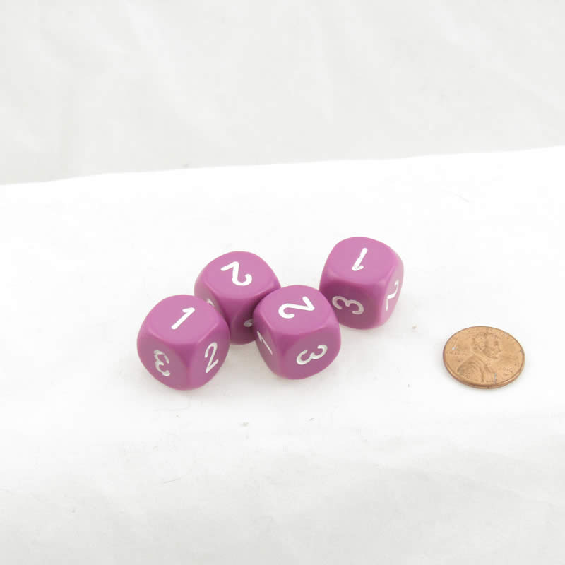 WCXXQ0327E4 Light Purple Opaque Dice with White Numbers D3 (d6 1-3 Twice) 16mm (5/8in) Pack Of 4 (ONLINE ORDER ONLY)