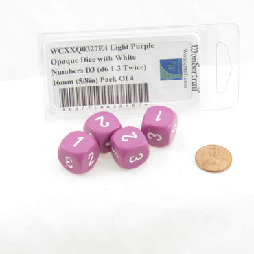 WCXXQ0327E4 Light Purple Opaque Dice with White Numbers D3 (d6 1-3 Twice) 16mm (5/8in) Pack Of 4 (ONLINE ORDER ONLY)