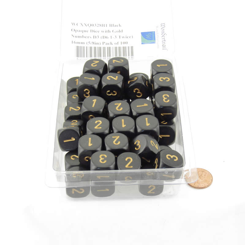 WCXXQ0328B1 Black Opaque Dice with Gold Numbers D3 (D6 1-3 Twice) 16mm (5/8in) Pack of 100 (ONLINE ORDER ONLY)