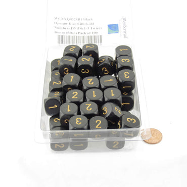 WCXXQ0328B1 Black Opaque Dice with Gold Numbers D3 (D6 1-3 Twice) 16mm (5/8in) Pack of 100 (ONLINE ORDER ONLY)