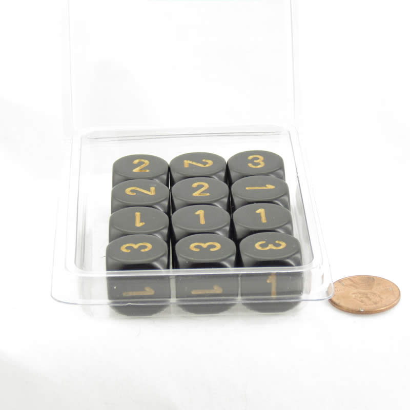 WCXXQ0328E12 Black Opaque Dice with Gold Numbers D3 (D6 1-3 Twice) 16mm (5/8in) Pack of 12 (ONLINE ORDER ONLY)