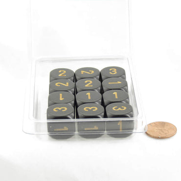 WCXXQ0328E12 Black Opaque Dice with Gold Numbers D3 (D6 1-3 Twice) 16mm (5/8in) Pack of 12 (ONLINE ORDER ONLY)