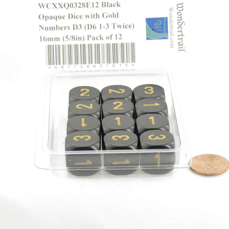 WCXXQ0328E12 Black Opaque Dice with Gold Numbers D3 (D6 1-3 Twice) 16mm (5/8in) Pack of 12 (ONLINE ORDER ONLY)